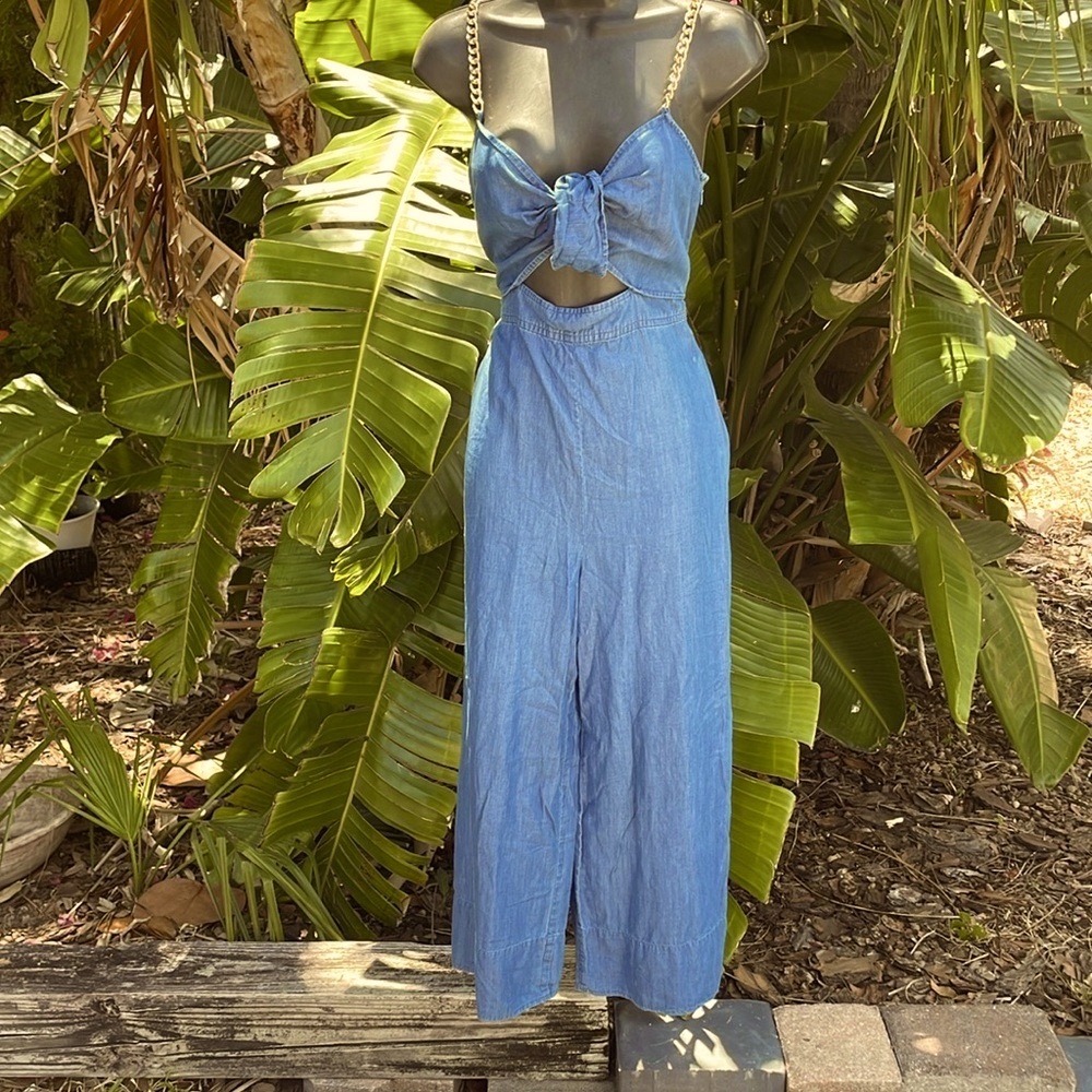 Michael Kors denim cropped wide leg jumpsuit with chain straps